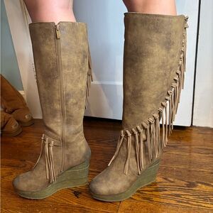 Sbicca Fringe Tan Wedge Boots